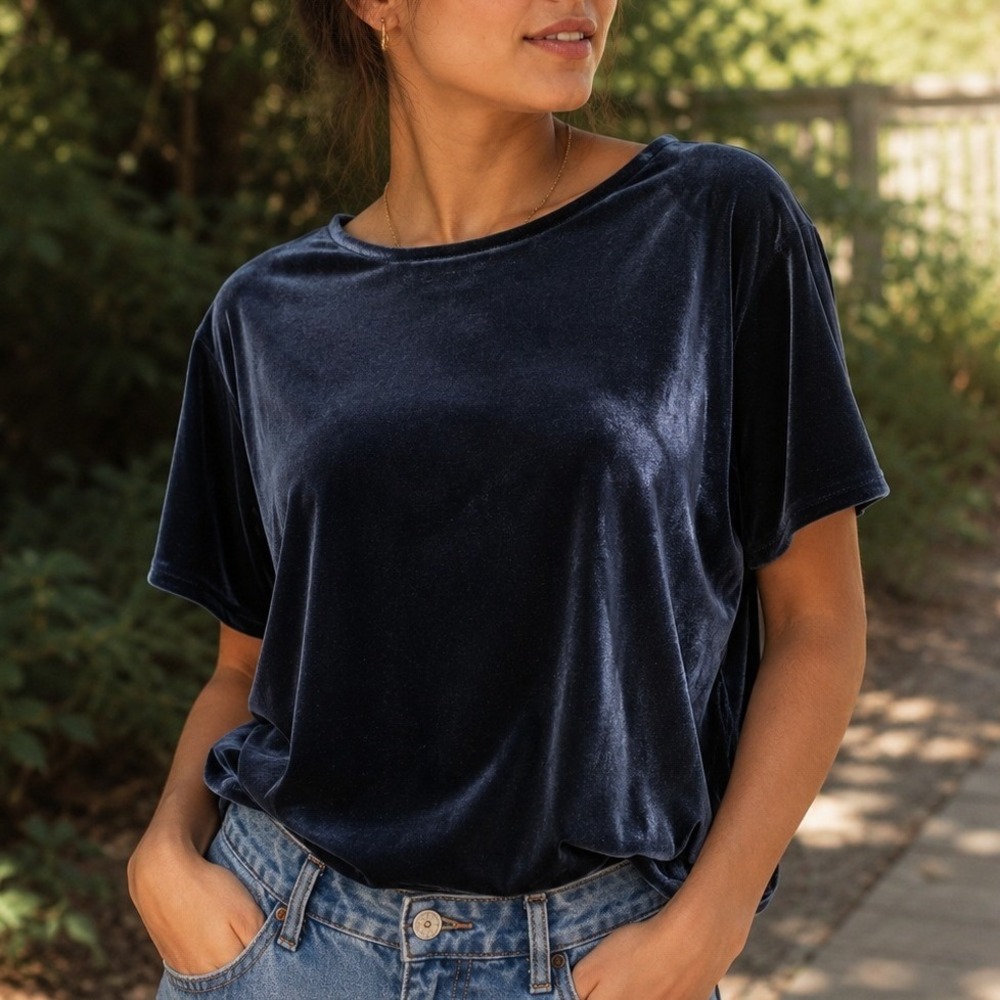 Madewell Women's Sz Small Navy Blue Velvet Short Sleeve Butterfly Top Soft Chic